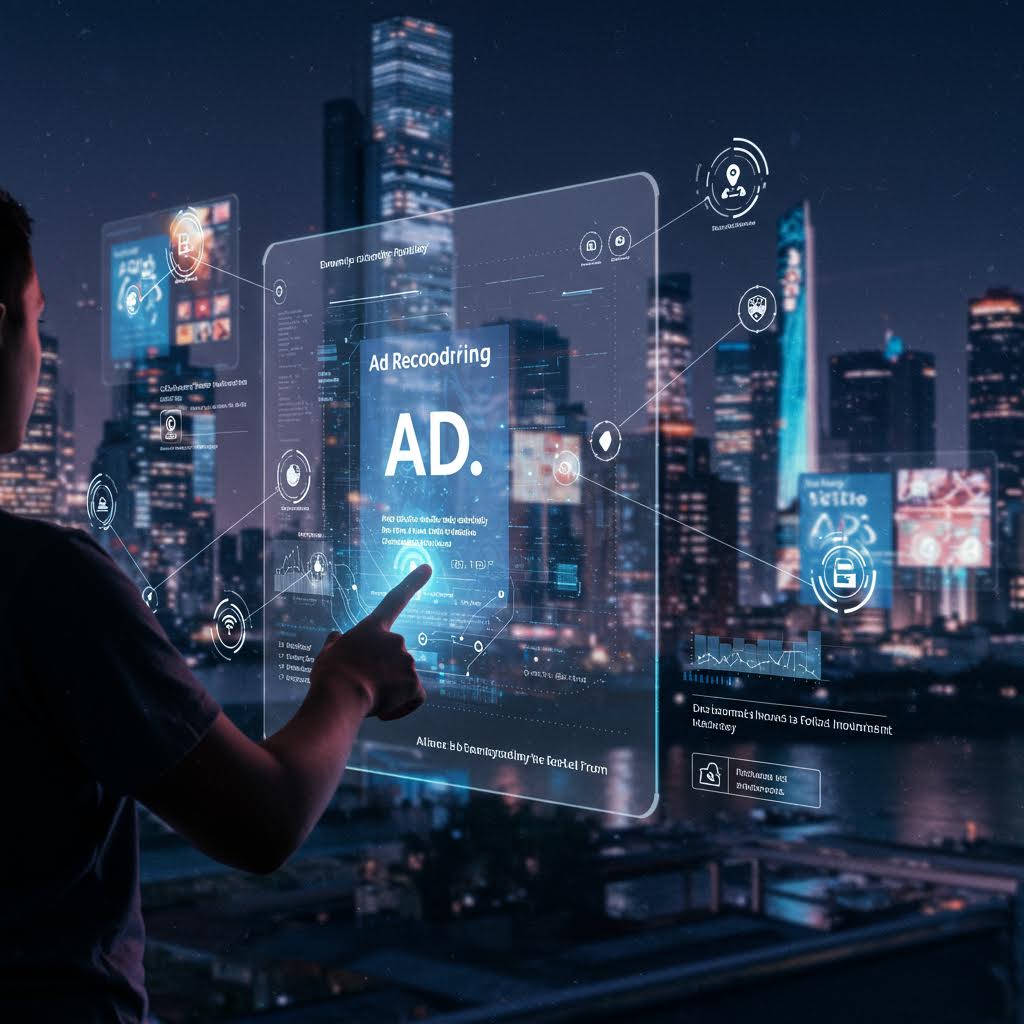 도심 배경 속에서 알파벳 광고 기반 가상현실 패널을 조작하는 미래 지향적 인터페이스