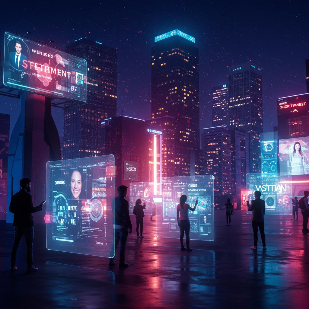 가상 광고와 데이터 화면이 거리를 밝히는 장면을 알파벳 스타일로 시각화한 루믹스 디지털 광고 장면