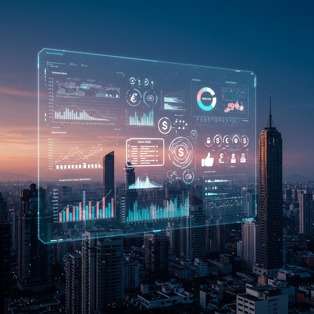 실시간 데이터 처리와 API 연동 기반 정산 자동화 시스템을 보여주는 도시형 디지털 패널