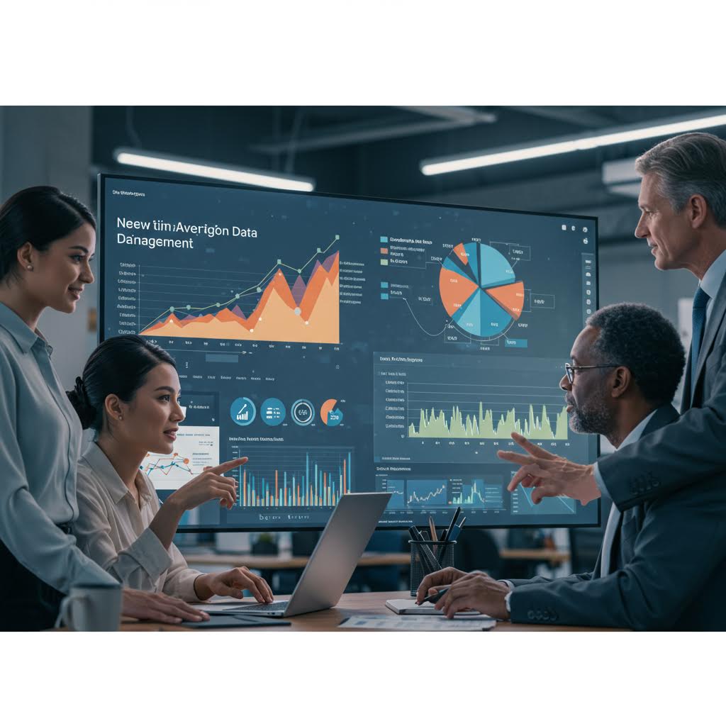 대형 스크린 앞에서 차트를 가리키는 인물들의 협업 장면에 솔루션의 흐름처럼 루믹스가 어우러진 인상