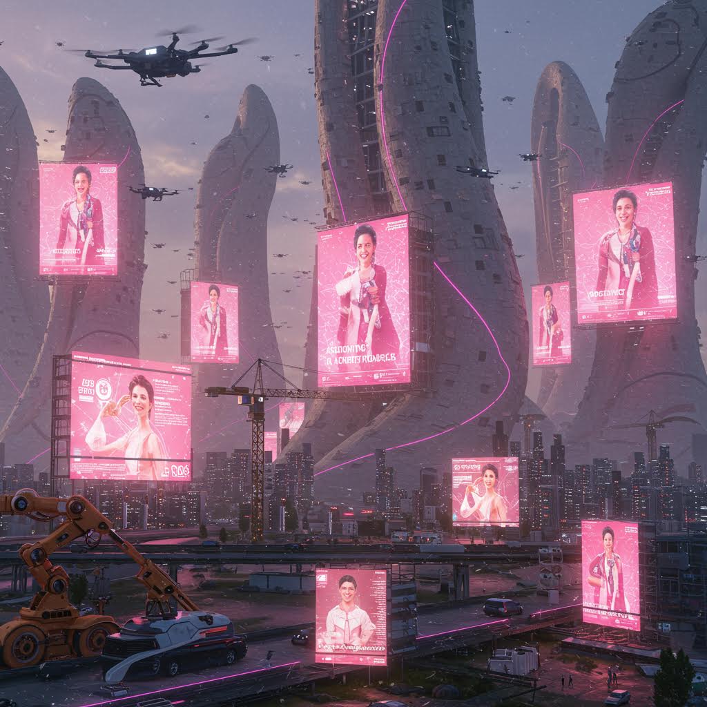 거대한 곡선 건축물과 분홍빛 전광판이 도시를 감싸며 구축의 미래를 닮은 루믹스가 스며드는 풍경