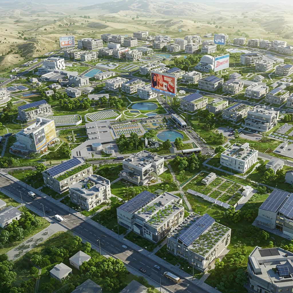 녹지와 건물 사이로 배치된 광고 디스플레이가 도시 풍경과 어우러져 루믹스 기반 비즈니스 흐름을 형상화한 이미지