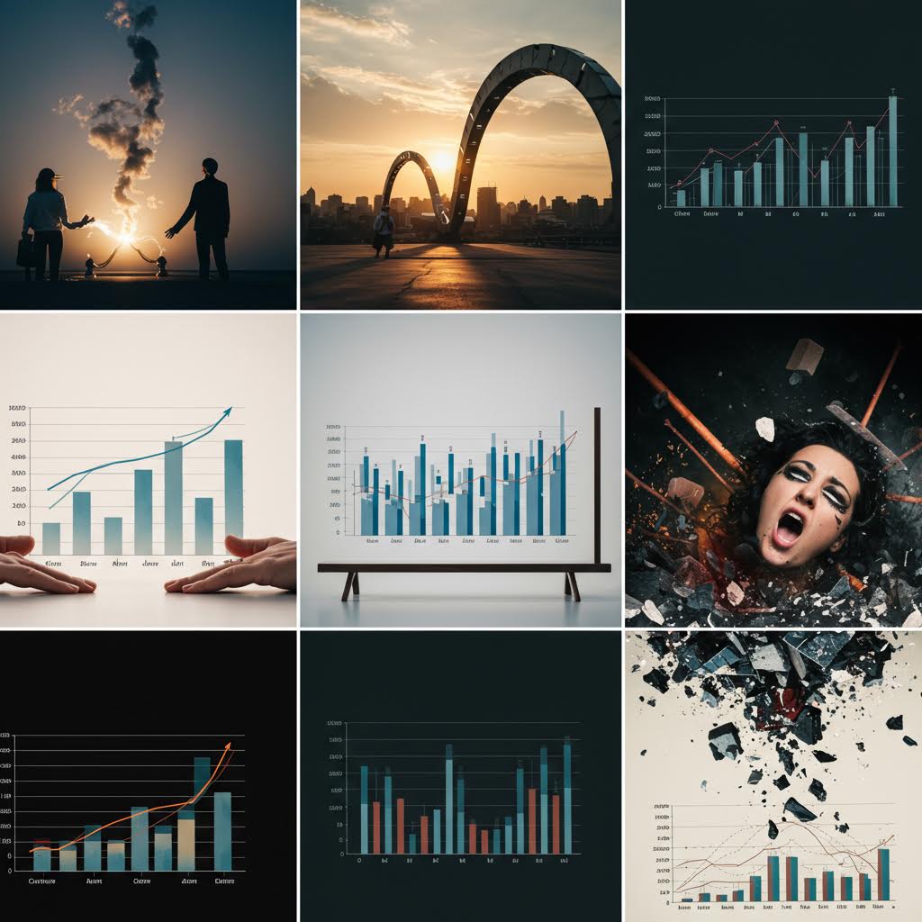 다양한 그래프와 차트가 화면을 채우며 데이터의 증감과 분석적 시선이 교차하는 모습