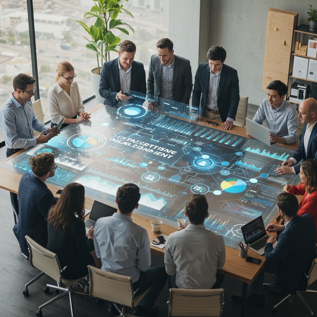 회의실 테이블 위에 디지털 데이터 시각화가 표시된 장면에서 루믹스가 실시간 분석 기능을 지원하는 요소로 표현된 이미지