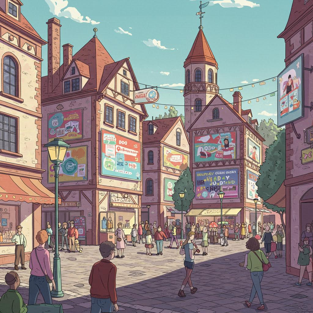 유럽풍 거리에 가득한 전광판과 사람들의 모습이 루믹스를 연상시키며 데이터 기반 솔루션 운영을 상징하는 장면