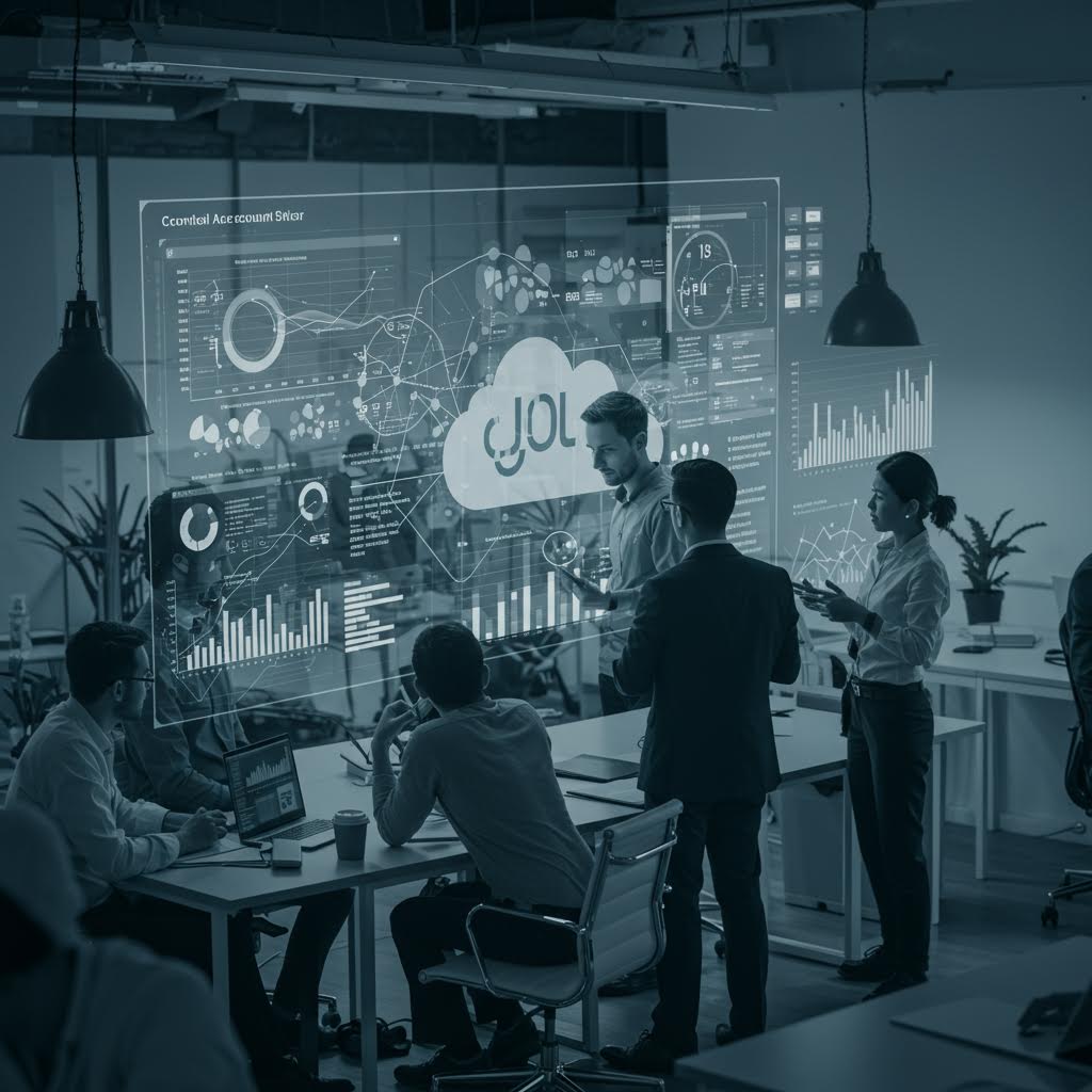 형 스크린에 광고 데이터와 지표가 시각화된 장면에서 루믹스가 디지털 광고 분석을 기술적으로 지원하는 요소로 표현된 이미지