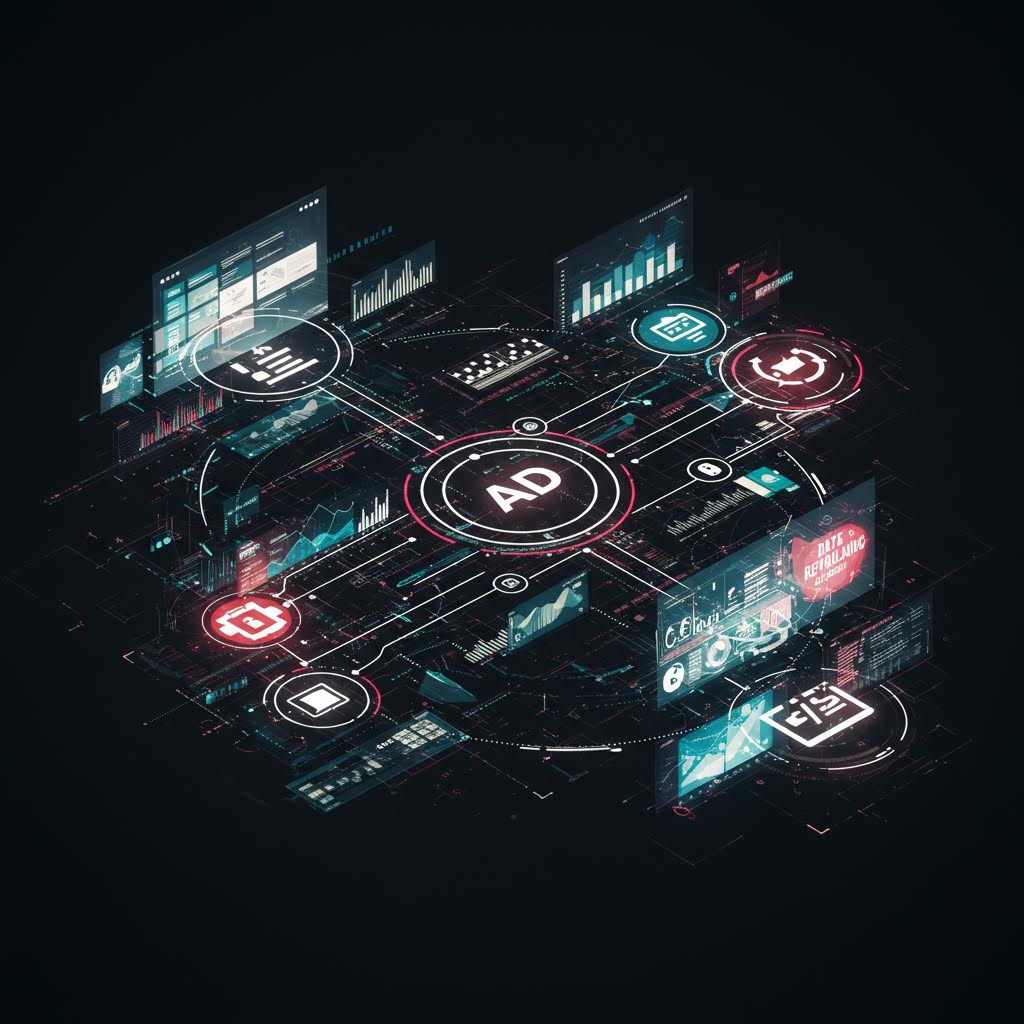 어두운 화면 위로 떠오른 그래픽 패널들이 자동화의 맥박을 드러내며 루믹스가 솔루션을 비추는 장면