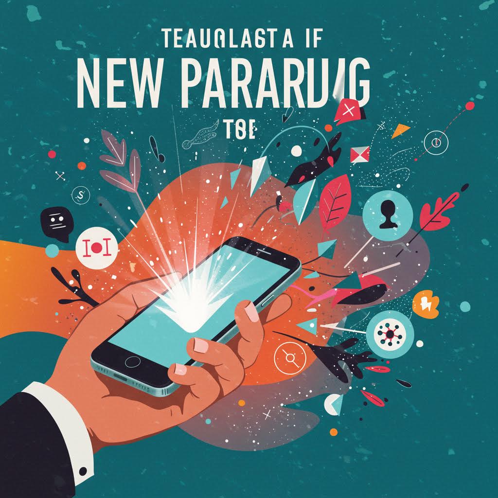 손에 쥔 스마트폰 화면에서 빛이 퍼져나오며 다양한 아이콘과 그래픽이 흩뿌려져 디지털 광고 혁신을 상징하는 장면