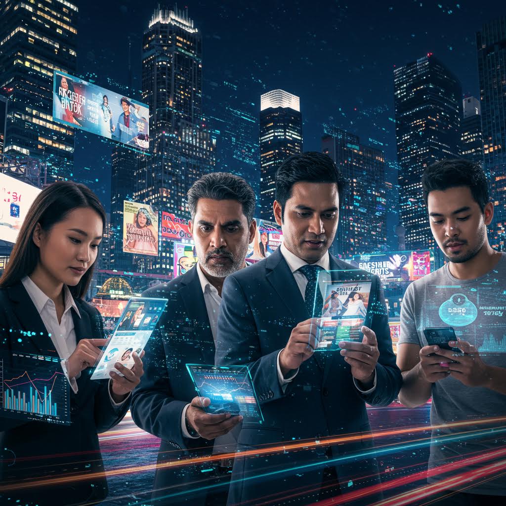 어둠을 밝히는 전광판과 디지털 인터페이스가 어우러져 구축의 상징처럼 루믹스가 드러나는 인상