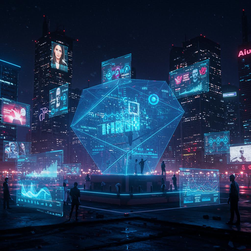 네온빛 도시 배경에 투영된 지표와 가상 무대가 어우러져 루믹스 관련 광고 데이터 연동 모델을 구현한 장면