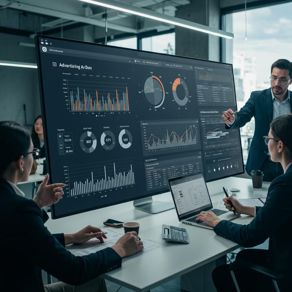 실시간 데이터 패널을 검토하는 인물들의 협업 장면이 루믹스를 은유하며 체계적 운영을 상징하는 모습