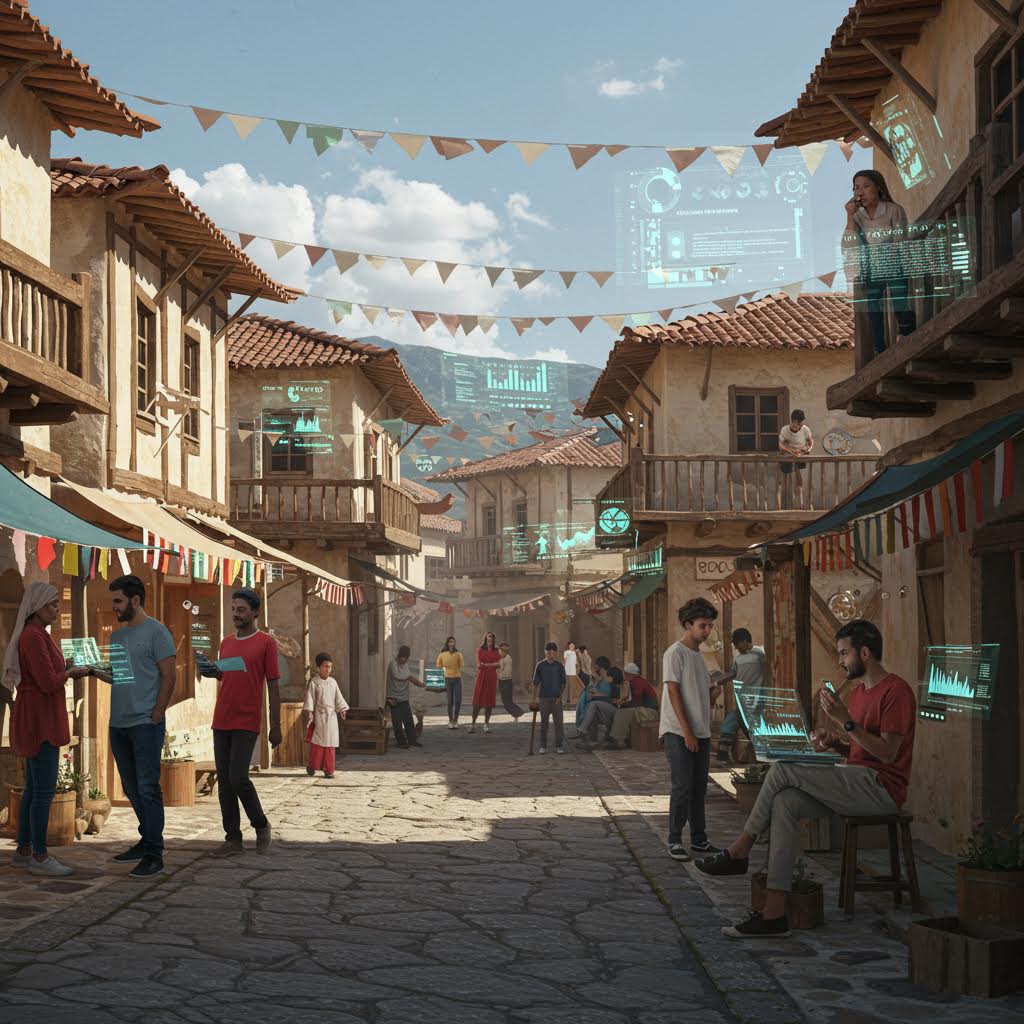 오래된 골목을 따라 사람들이 대화를 나누고 디지털 패널이 공중에 떠 있는 대비적 풍경