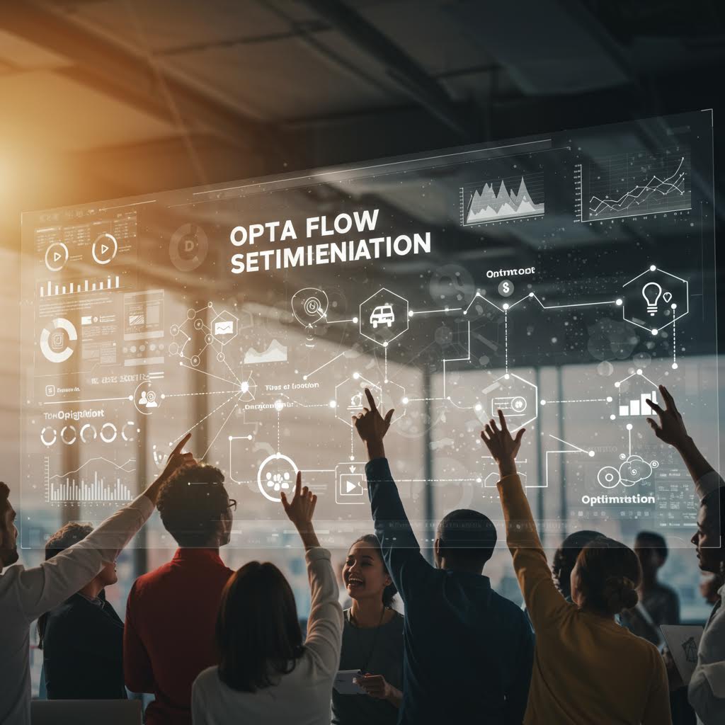 광고 성과 지표와 네트워크 다이어그램이 화면에 투영되고 관객이 상호작용하는 모습으로 데이터 처리 구조를 표현한 이미지