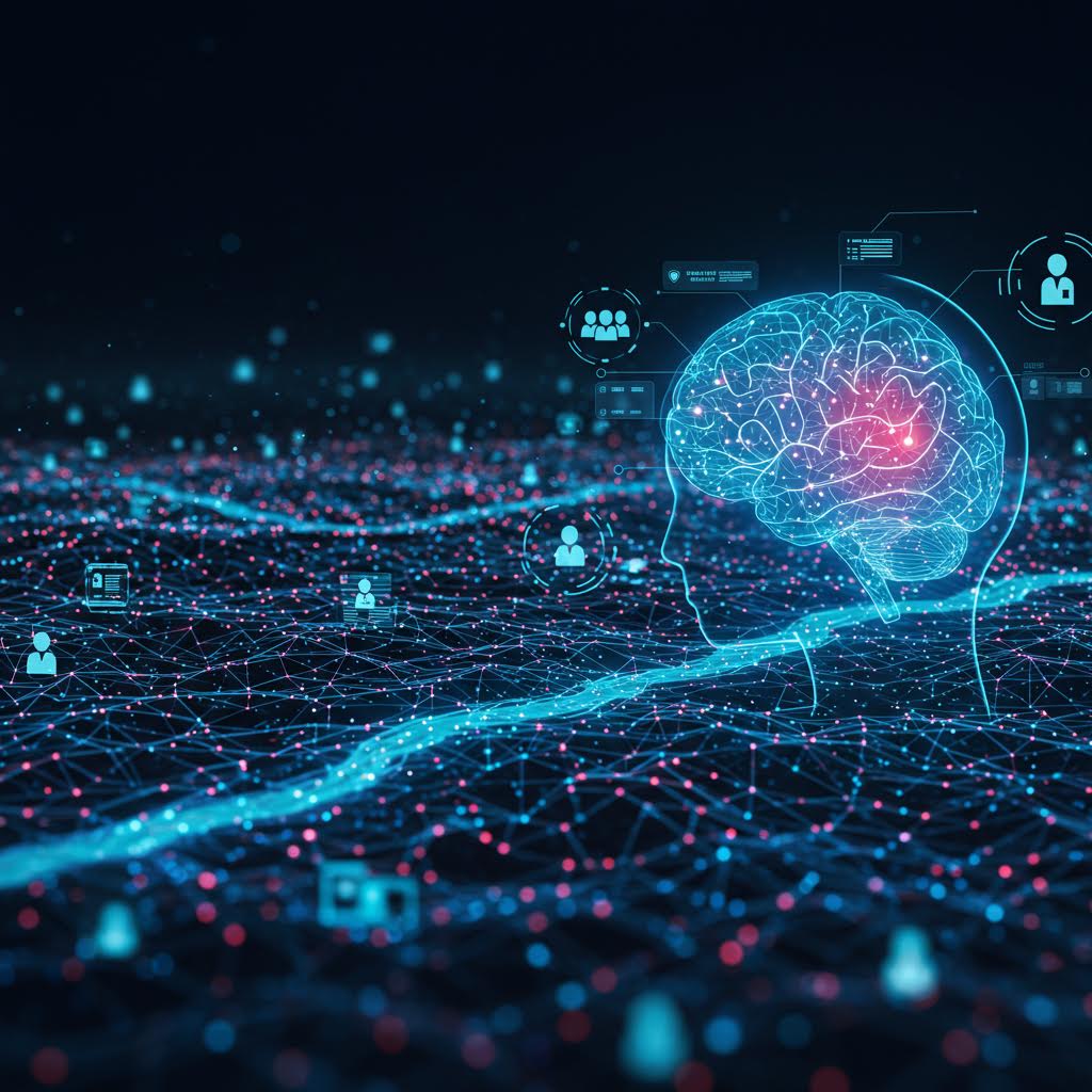 루믹스 광고 엔진이 디지털 뇌 시각화와 데이터 네트워크를 연결해 자동화된 백오피스 정산을 구현한 장면