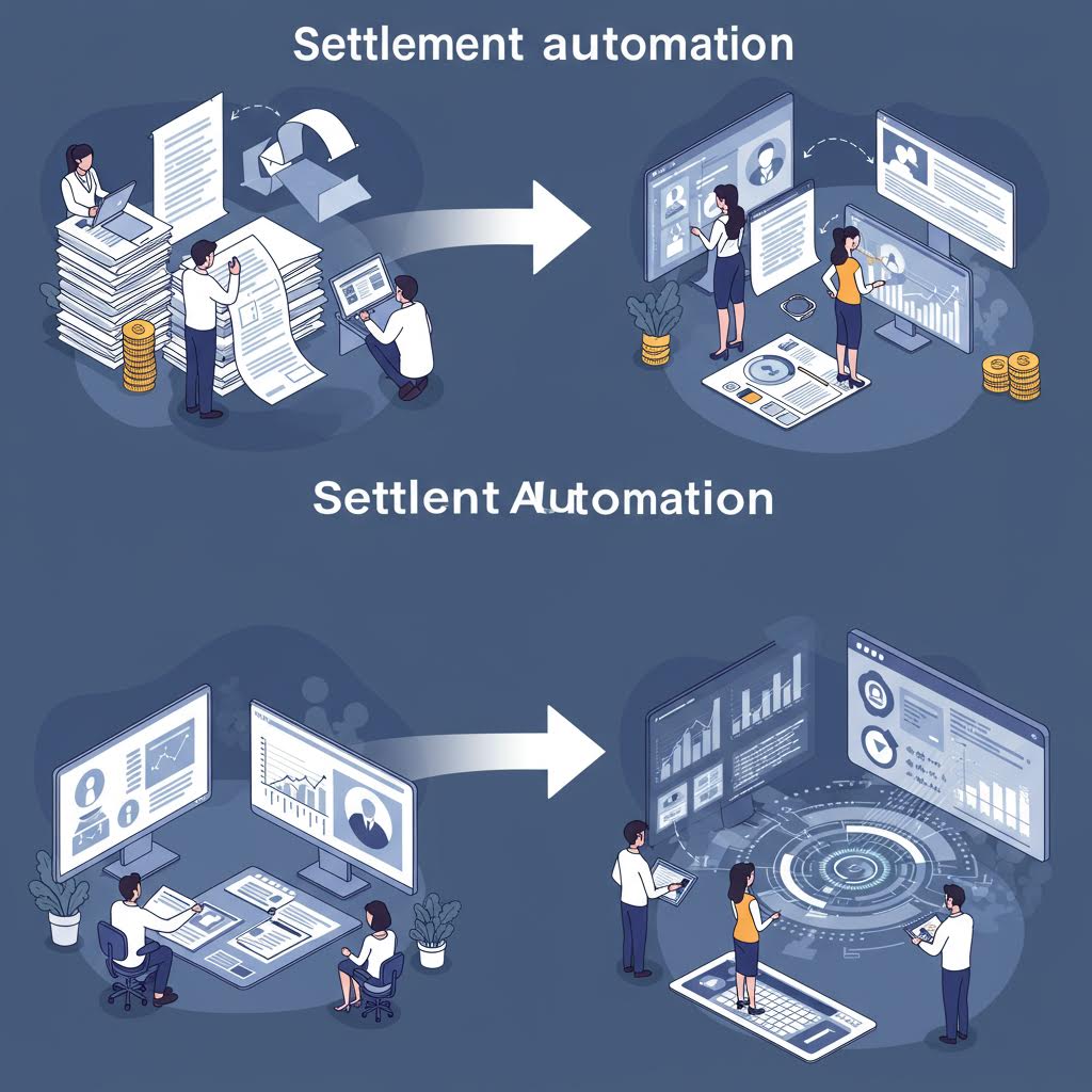회의실과 디지털 패널이 결합되어 정산 자동화의 흐름을 루믹스 솔루션으로 설명하는 삽화