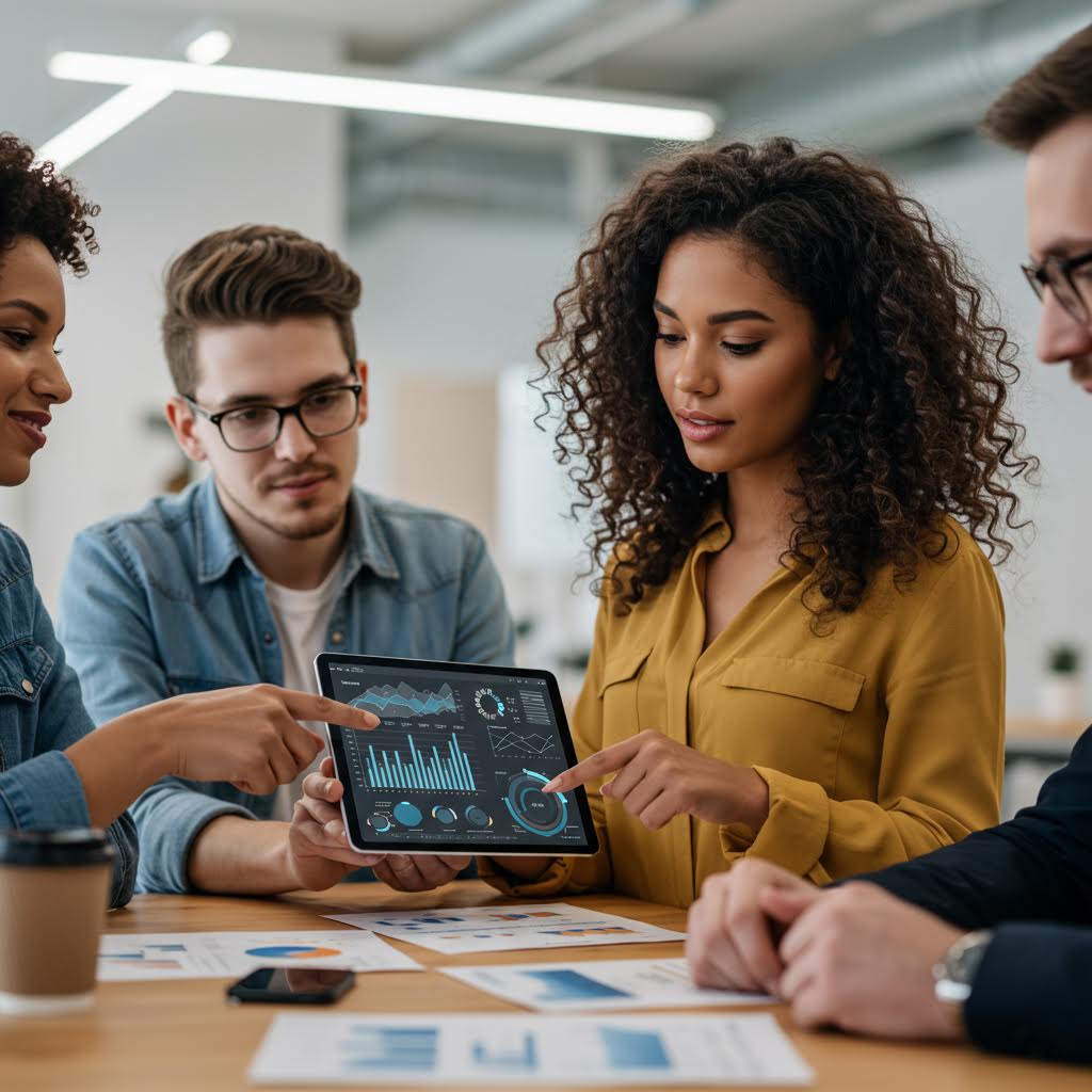 태블릿 화면 속 데이터 그래프를 함께 살펴보는 사람들이 솔루션 중심의 협업 환경을 보여주는 장면