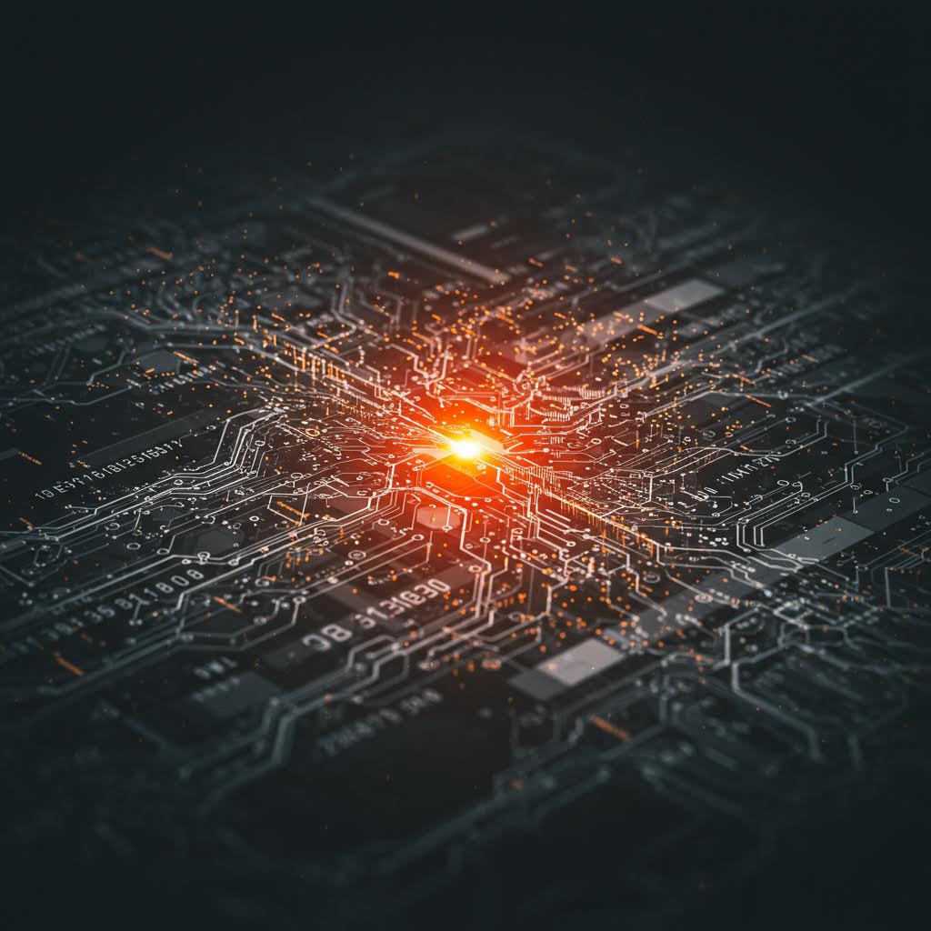 전자회로 중앙에 빛나는 코어가 강조된 이미지, 이는 루믹스를 연상시키는 시스템 운영 및 구축 솔루션의 핵심을 은유적으로 표현한 장면