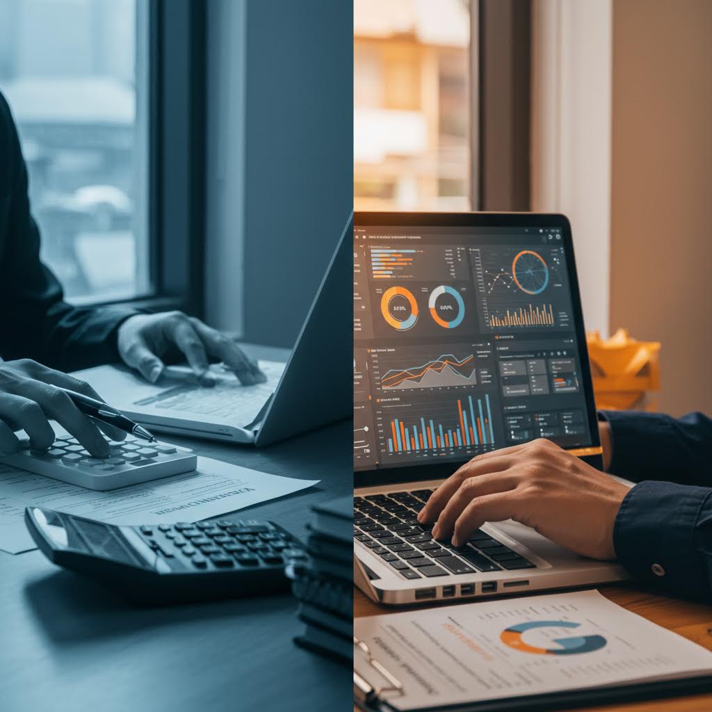 노트북 화면에 표시된 마케팅 분석 차트를 확인하는 장면으로 루믹스와 연계된 데이터 중심 정산 흐름을 담은 이미지