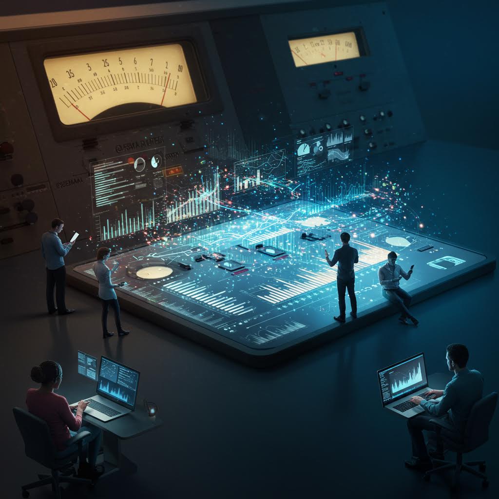 거대한 계기판 위로 떠오른 홀로그램 데이터가 흐르며 구축의 상징처럼 루믹스가 드러나는 장면