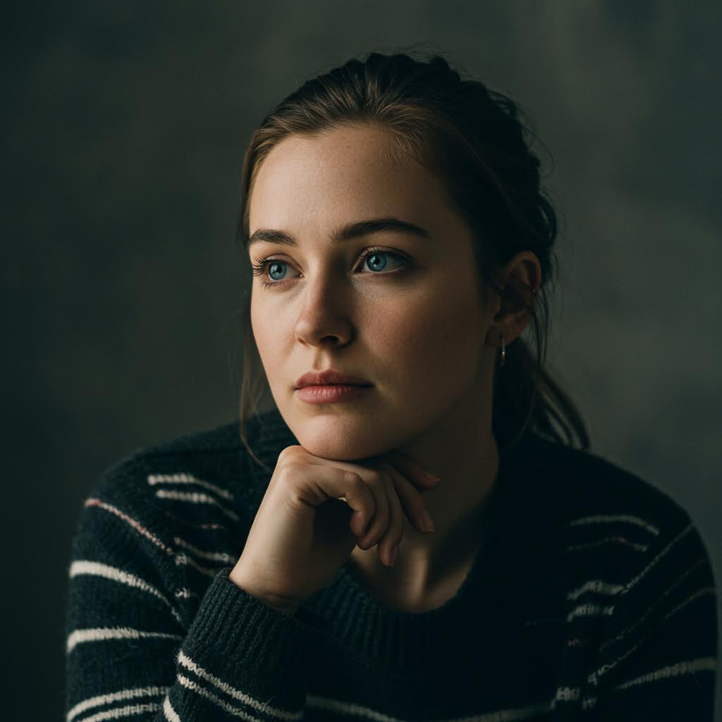 자연광이 스치는 얼굴의 빛과 그림자가 대비를 이루며 내면의 고요한 흐름을 전하는 순간