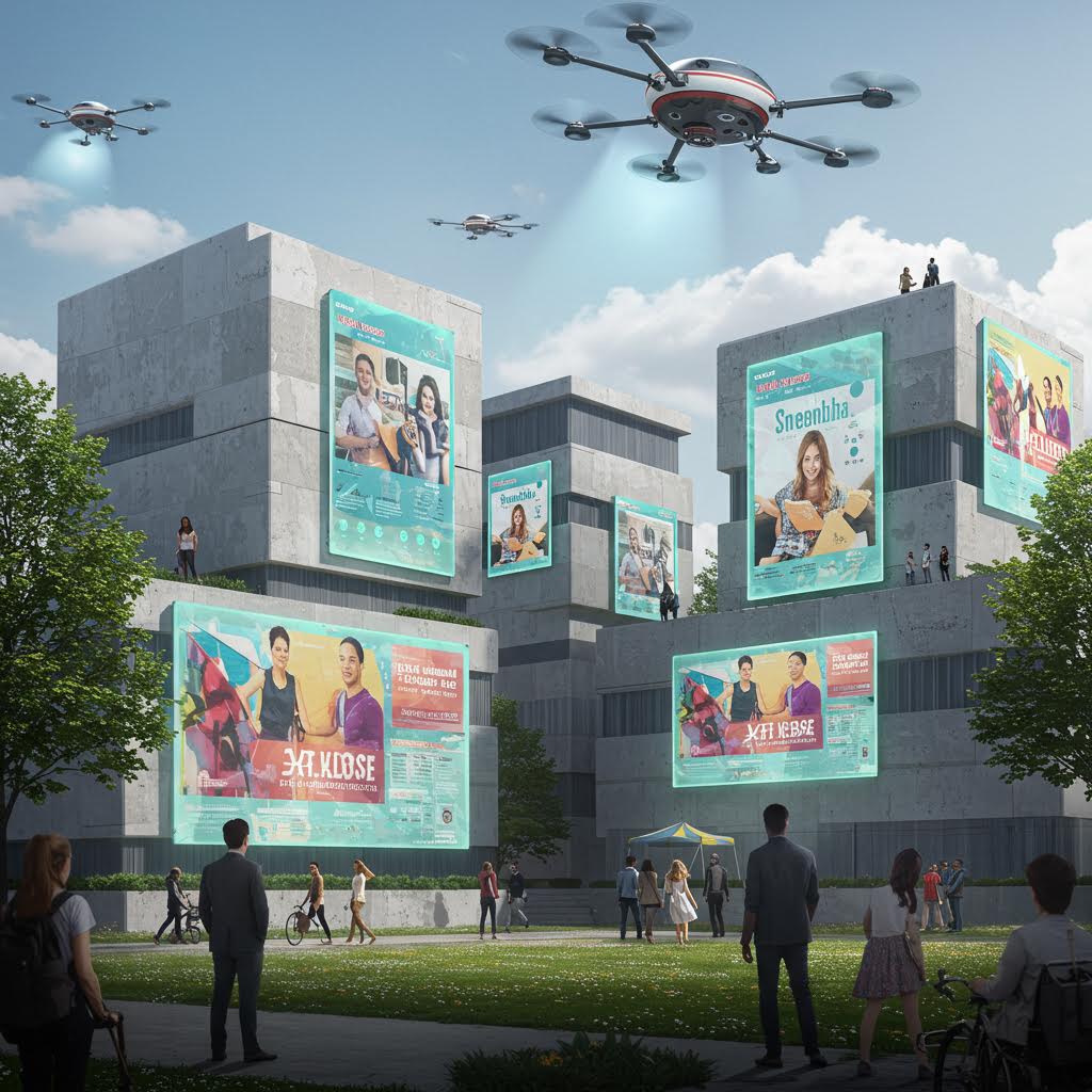 광장에 모인 사람들과 건물 전면 스크린이 어우러져 루믹스 기반 광고 데이터 통합 흐름을 드러낸 그림