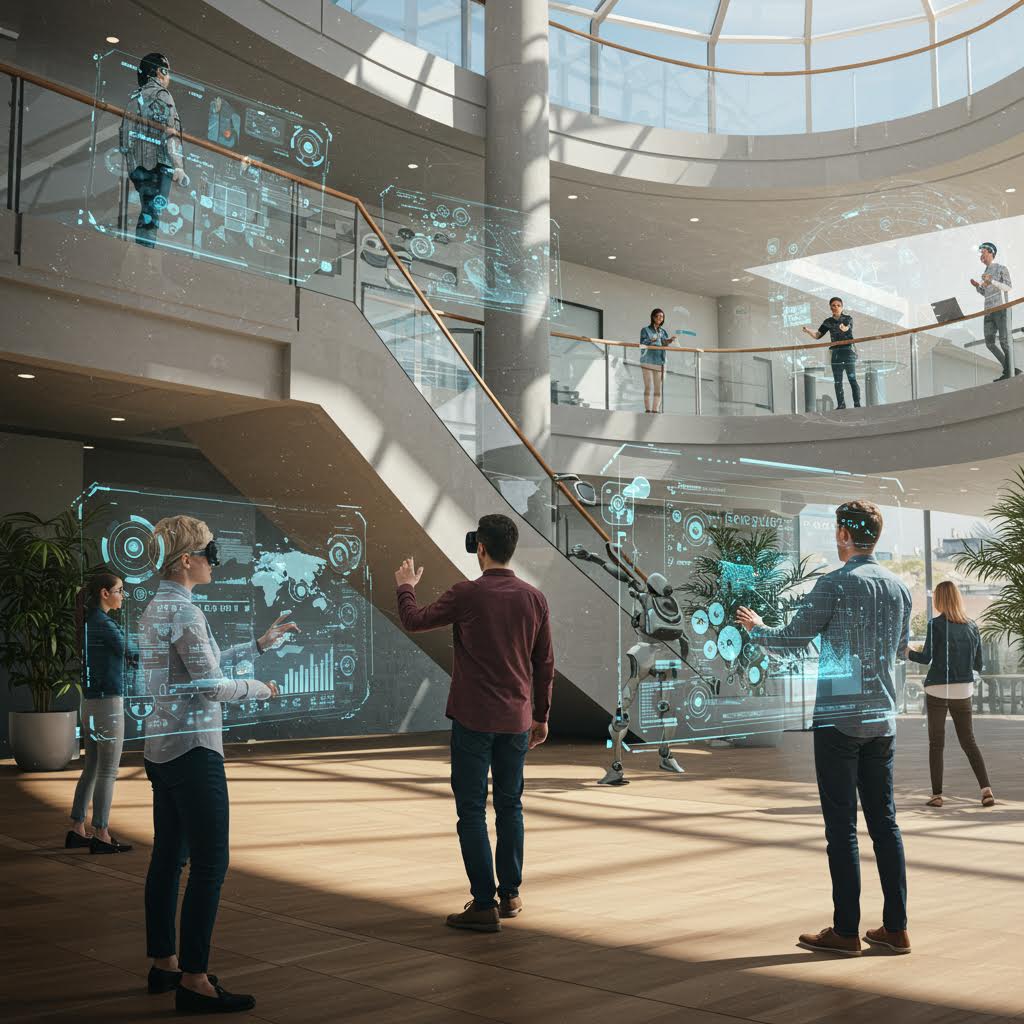 유리 천장에서 쏟아지는 빛 아래 사람들이 가상 인터페이스를 조작하며 미래형 공간의 가능성을 탐색하는 장면