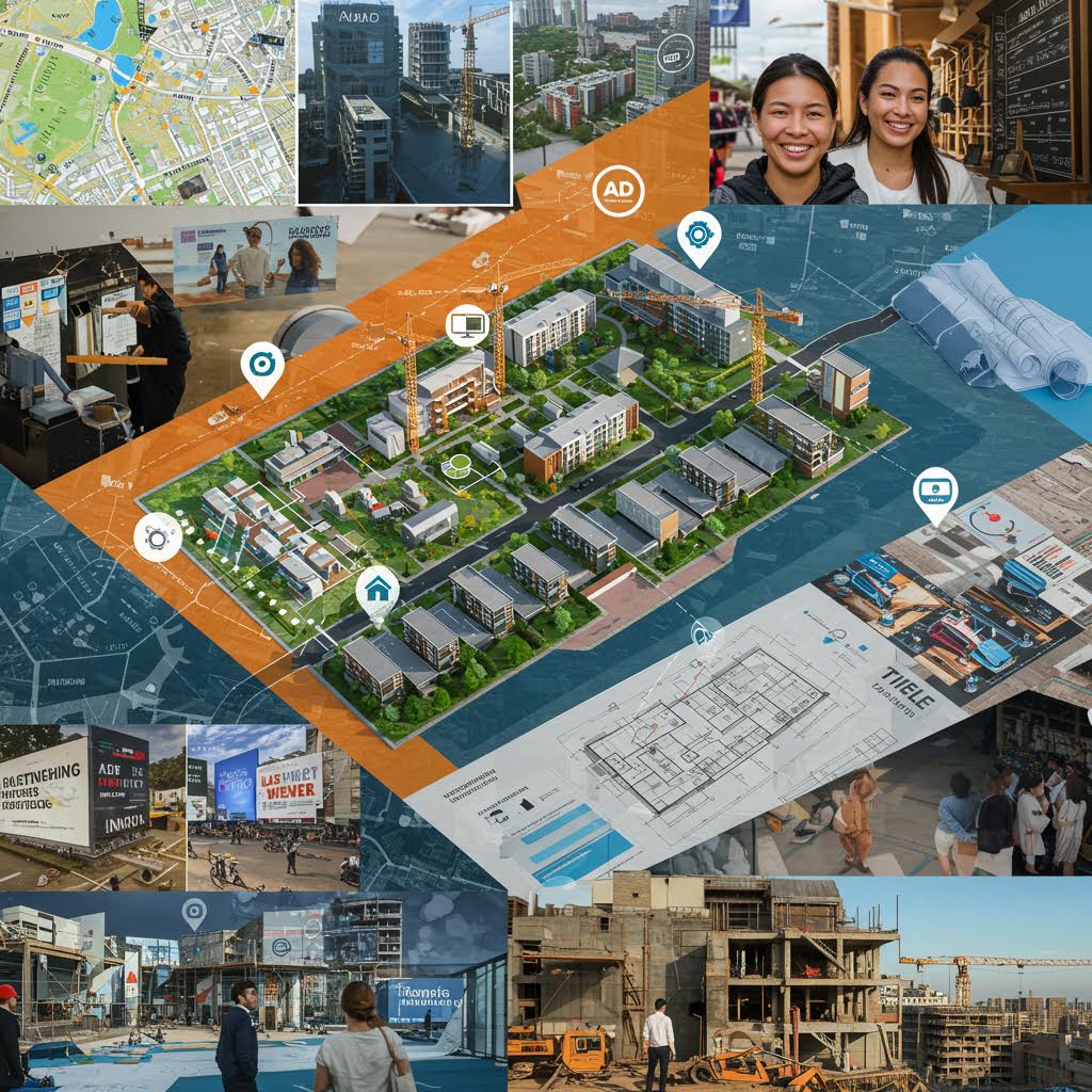 도시 설계도와 건축 현장이 겹쳐지며 루믹스의 구축 기술이 스마트 시티의 구조를 완성하는 순간