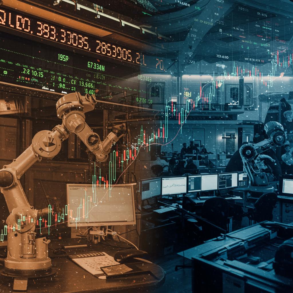 로봇 팔이 주식 차트와 금융 데이터를 조작하는 공장 내부. 배경에 트레이더들이 모니터를 바라보고 있으며, AI 자동화된 금융 시장 분석과 산업 융합을 극적으로 표현.
