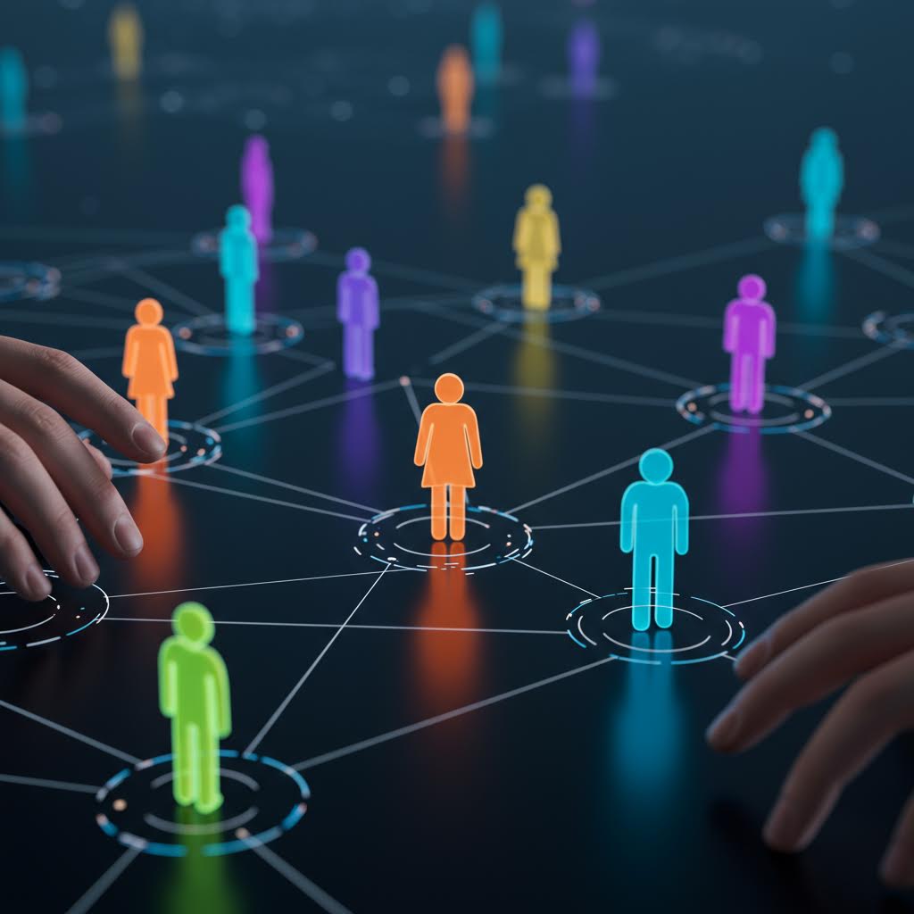 네트워크 상에서 서로 연결된 사람 아이콘과 이를 조정하는 손을 표현한 디지털 협업 개념 이미지