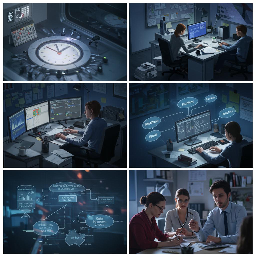 데이터 분석실에서 개발자와 연구원들이 여러 모니터를 통해 코드와 알고리즘을 검토하는 모습으로, 루믹스의 보안 데이터 처리와 인공지능 분석 기술을 시각적으로 표현한 장면.