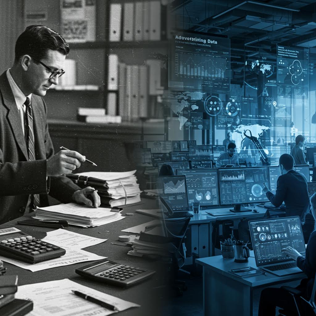 아날로그 사무 환경과 디지털 데이터 센터를 대비시킨 이미지로, 루믹스솔루션의 기술 혁신이 만들어낸 업무 자동화의 진화를 상징적으로 보여준다.