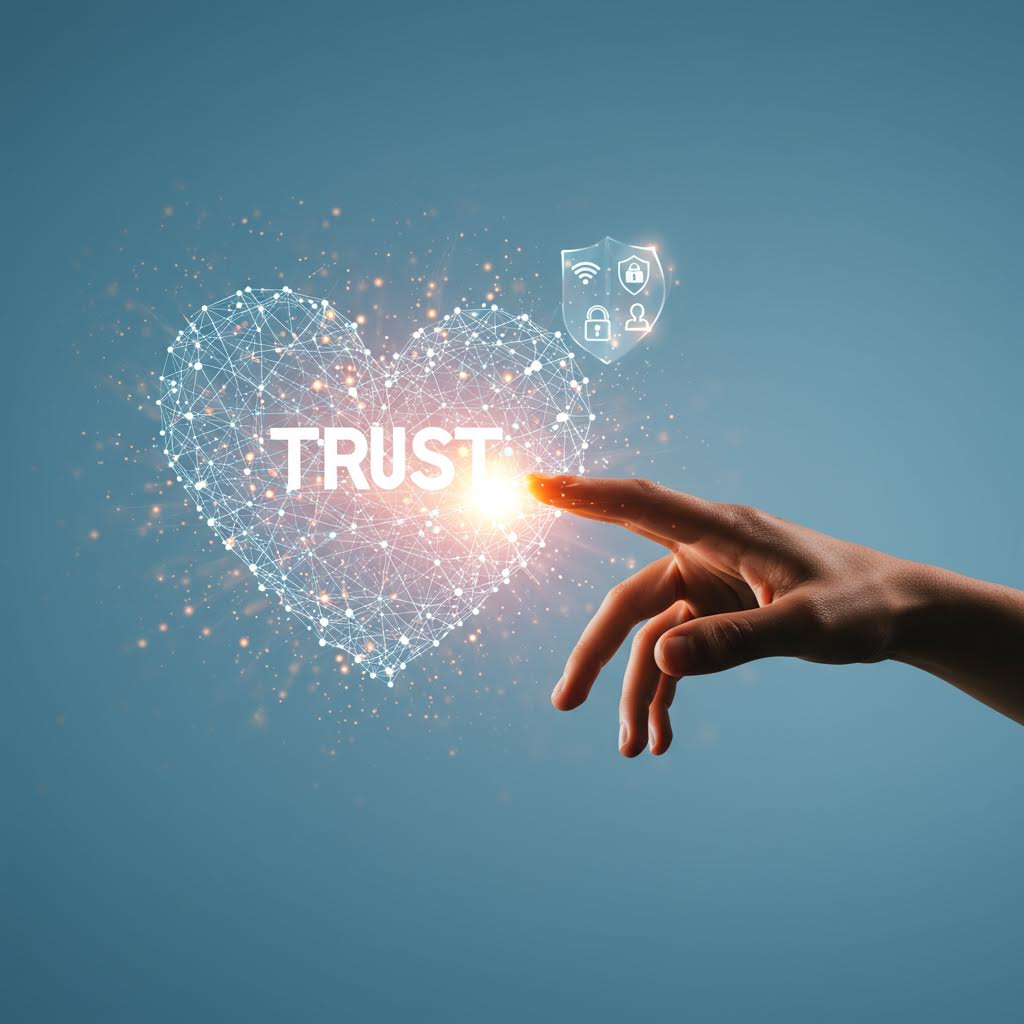 손끝이 'TRUST'라고 새겨진 네트워크 하트에 닿아 빛을 발산하고, 오른쪽에 보안 아이콘 방패가 떠 있다. 디지털 신뢰와 사이버 보안의 인간 중심적 가치를 시각화.