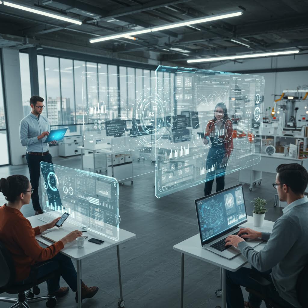 현대 오피스에서 네 명의 전문가가 홀로그램 대시보드를 보며 협업 중이다. 한 명은 노트북, 다른 한 명은 스마트폰, 또 다른 두 명은 거대한 투명 화면을 터치하며 실시간 데이터 분석과 전략 수립 장면.