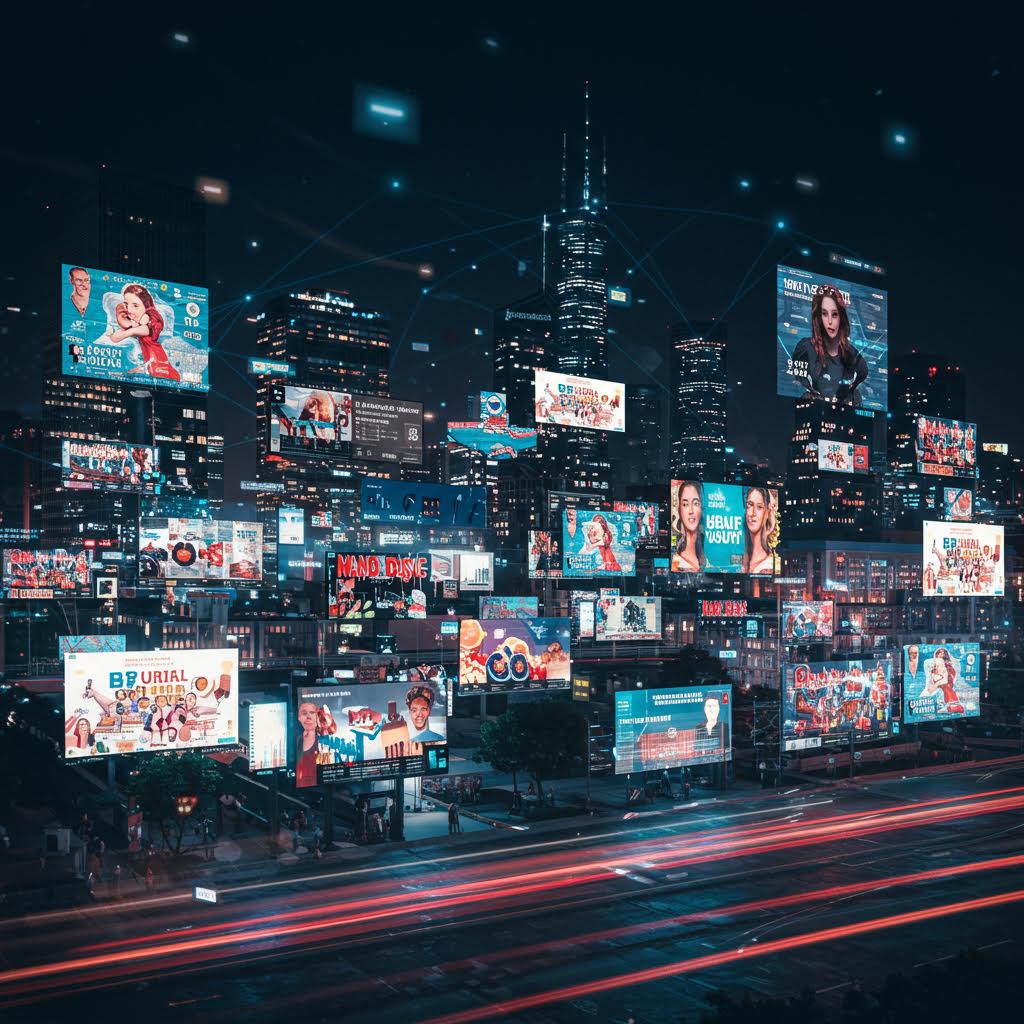 도시 야경 속 수많은 전광판이 점멸하며 루믹스의 구축 기술이 정보의 리듬을 설계하는 순간