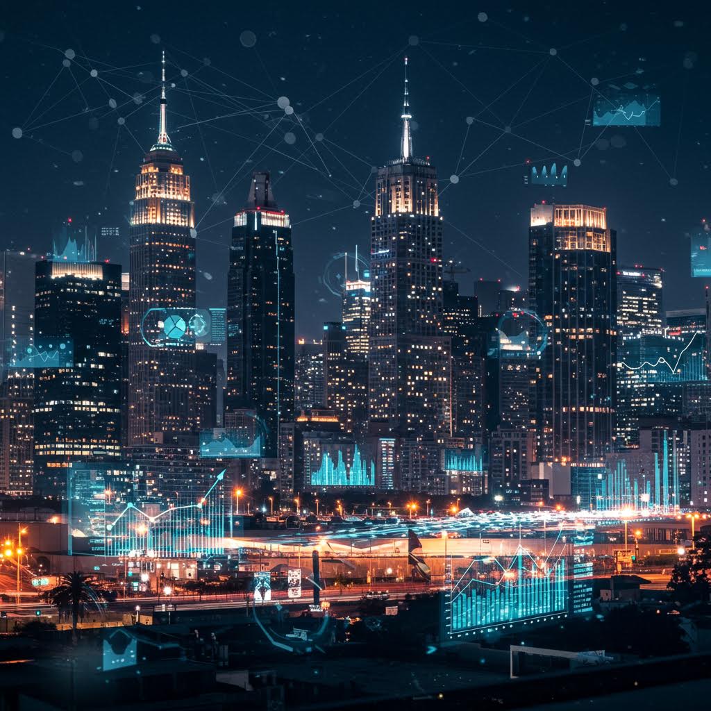 도시 야경 속에서 데이터 네트워크와 분석 그래프가 시각화된 스마트 시티의 모습. 루믹스솔루션이 구축한 지능형 도시 관리 시스템을 상징적으로 보여준다.