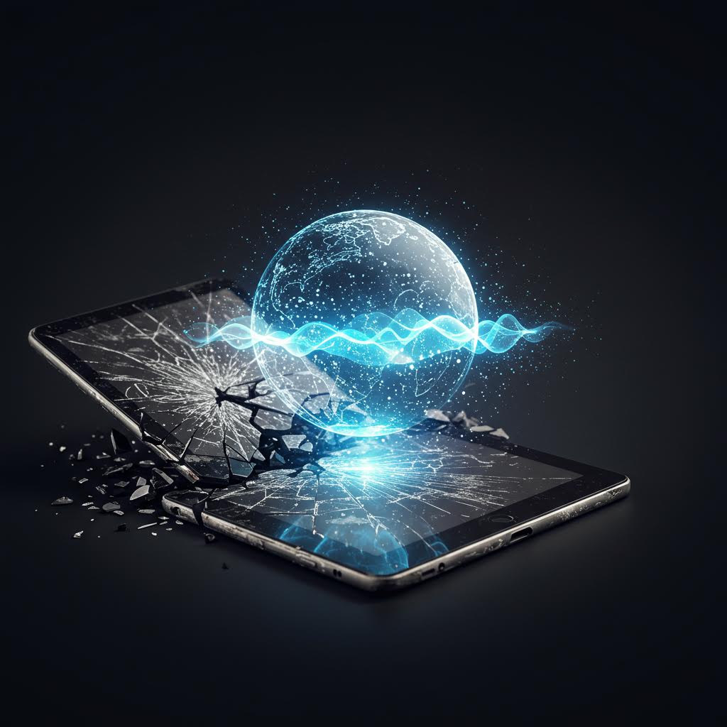 깨진 태블릿 화면에서 빛나는 지구본 홀로그램이 터져 나오며, 청색 파형이 퍼져 나간다. 디지털 취약성과 글로벌 연결의 순간적 충돌을 상징하는 초현실적 이미지.