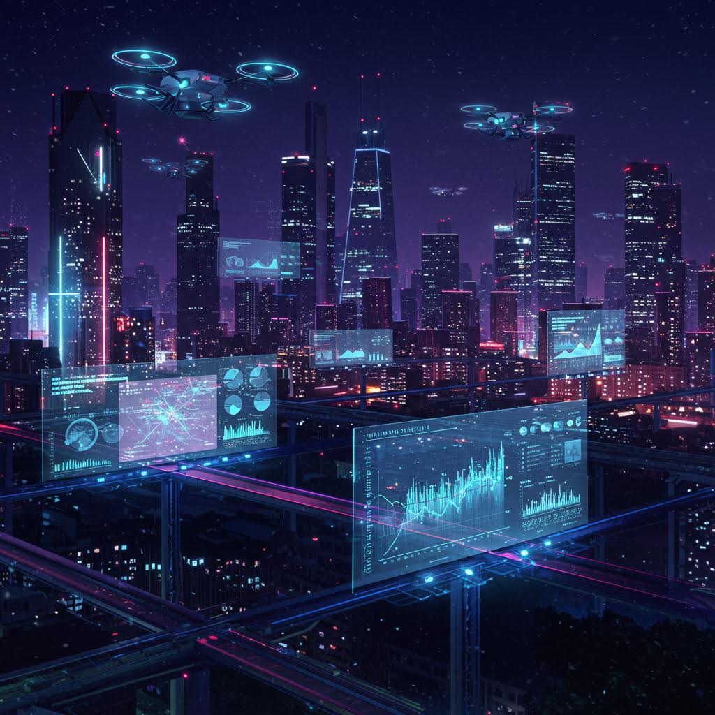 빛의 그래프가 공중에 떠오르며 루믹스의 구축 기술이 스마트 인프라의 맥을 그려내는 인상