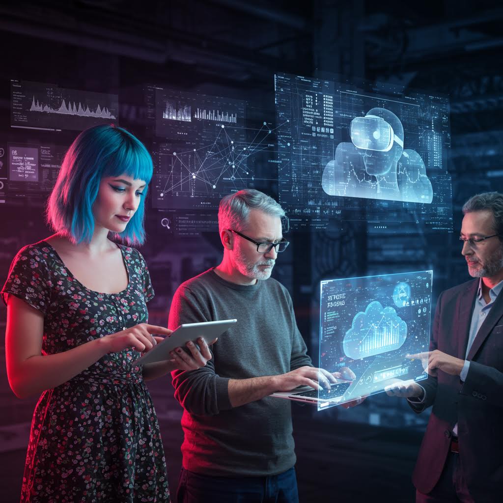 어두운 공간에서 세 명의 사람이 홀로그램 클라우드 대시보드와 VR 헤드셋을 보며 협업 중이다. 왼쪽 여성은 태블릿, 중앙 남성은 노트북, 오른쪽 남성은 투명 화면을 가리키며 미래 데이터 센터의 팀워크 장면.