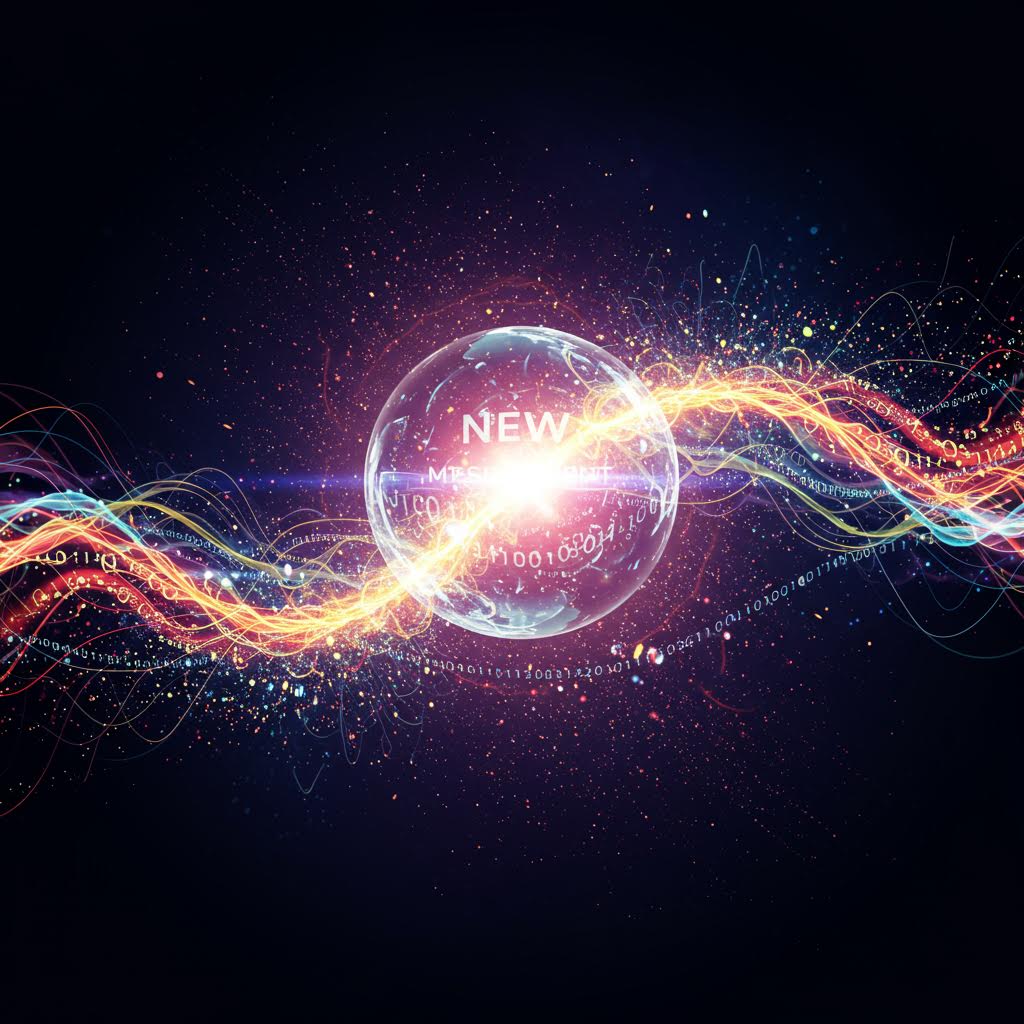 빛의 파동이 구체를 감싸며 에너지와 데이터가 융합되는 듯한 새로운 연결의 흐름