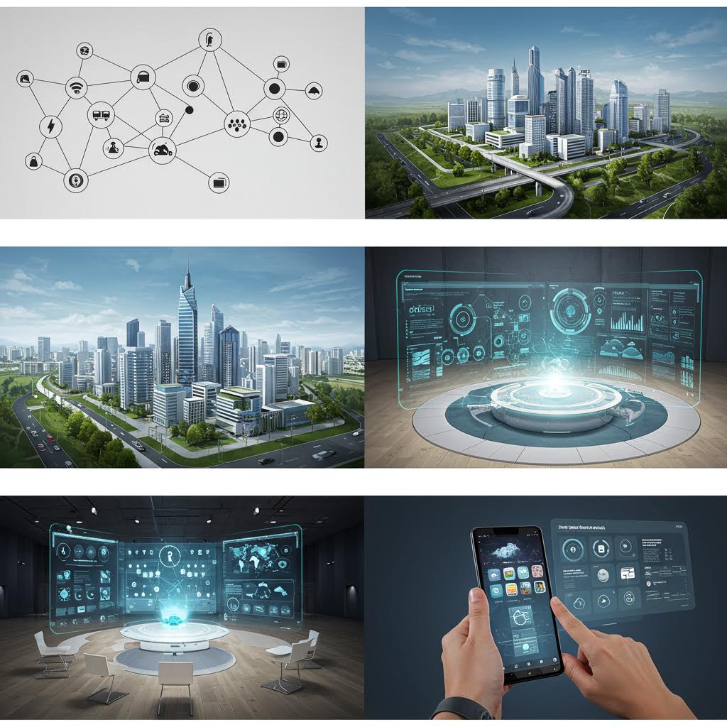 스마트 시티의 네트워크 구조와 디지털 제어 시스템을 시각화한 이미지. 루믹스솔루션이 구축한 지능형 도시 관리 플랫폼의 핵심 기능을 보여준다.