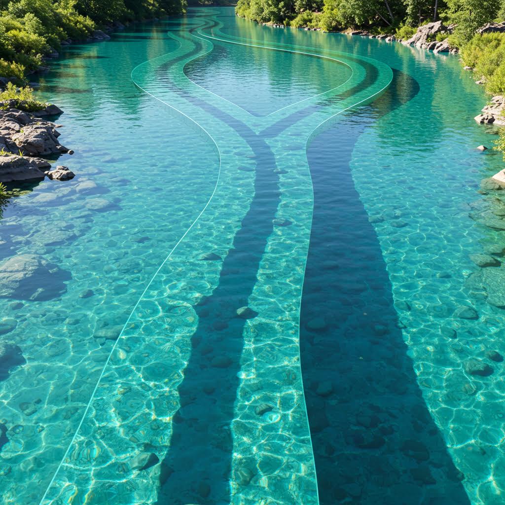 투명한 수면 위로 빛이 그린 선들이 교차하며 흐르고, 루믹스가 닦아낸 듯 정제된 질서가 물결에 스며든 순간