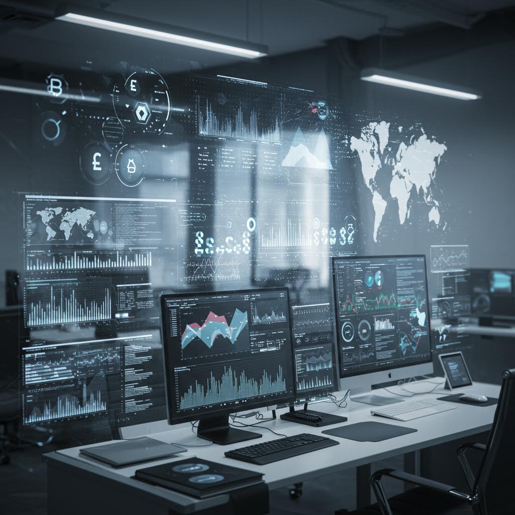 유리벽에 비춰진 데이터 차트와 화폐 아이콘들이 교차하는 공간 속에 루믹스와 닮은 통합적 구축의 감각이 살아나는 장면