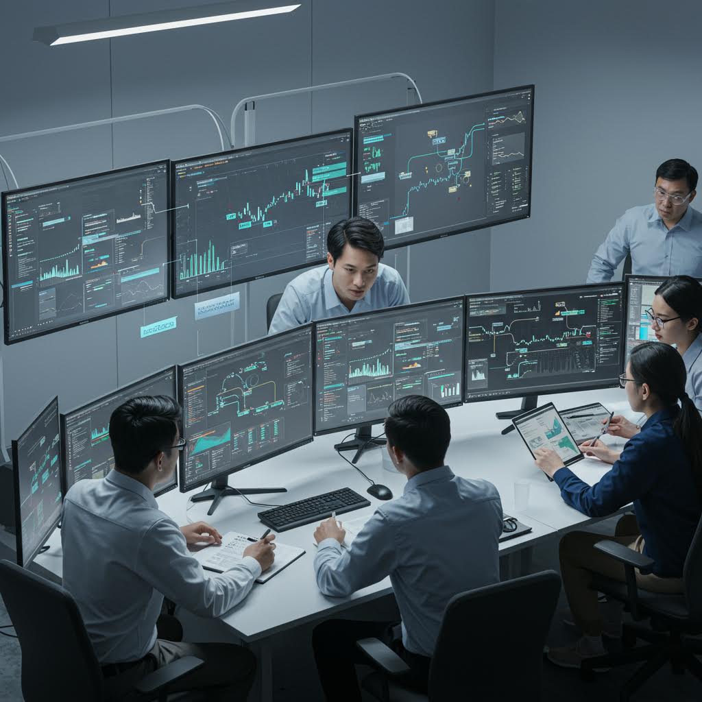 여러 대의 모니터 앞에서 전략을 토론하는 인물들의 몰입된 시선 속에 루믹스가 구축한 정밀한 운영 감각이 스며드는 장면