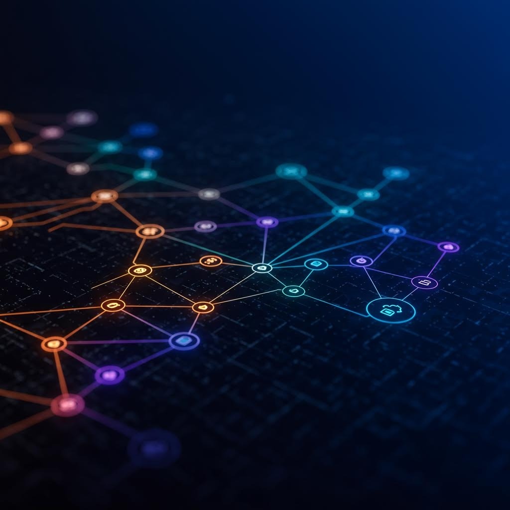 사이버 데이터 터널 – 파란색과 분홍색 네온 라인이 수렴하며 홀로그램 패널이 배치된 미래형 디지털 통로