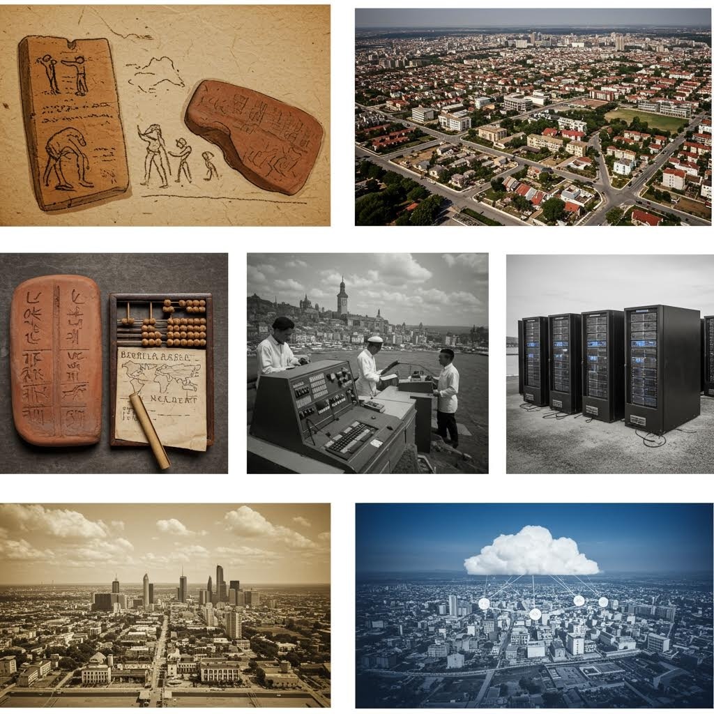 루믹스 도시 발전 역사 고대부터 현대 데이터센터까지 진화 콜라주