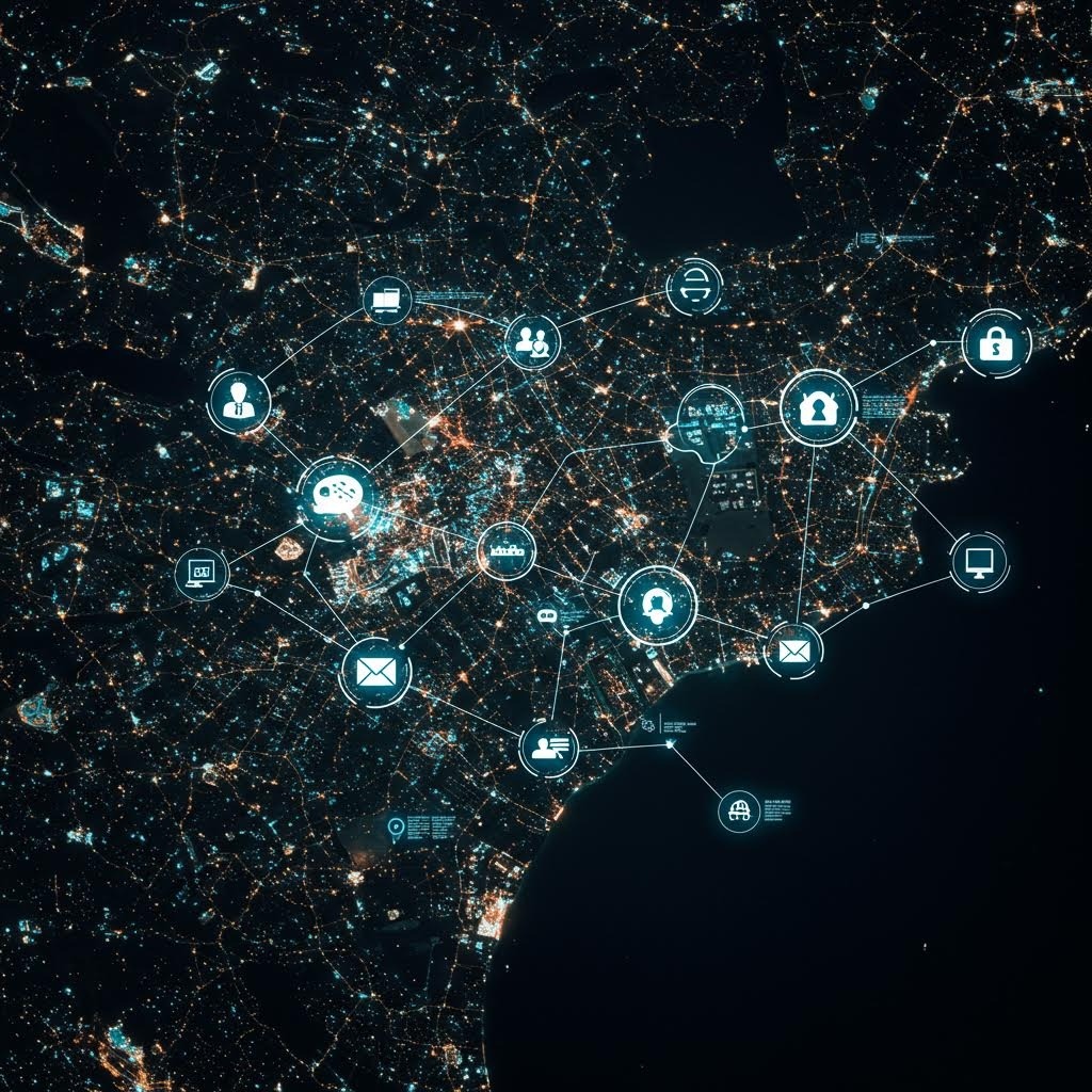 루믹스 위성 뷰 도시 IoT 네트워크 아이콘 연결 인프라