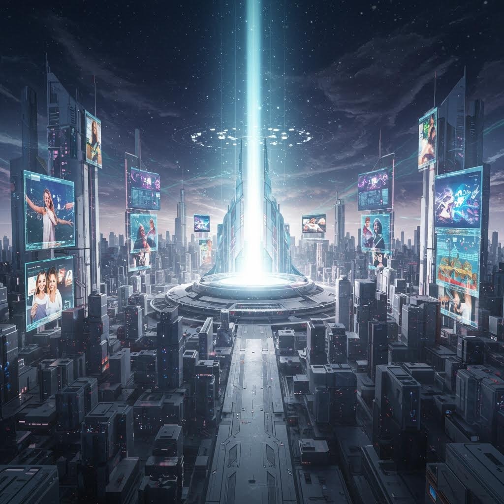 미디어 화면으로 둘러싸인 미래 도시 위에 하늘로 뻗어 있는 중앙의 빛나는 빔이 있는 미래형 디지털 메타버스 장면
