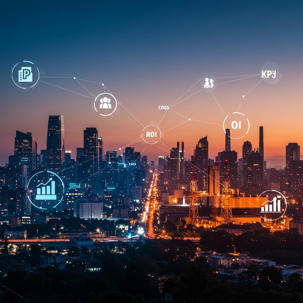 KPI, ROI, OI 및 분석 지표 아이콘이 오버레이된 황혼의 산업 도시 스카이라인