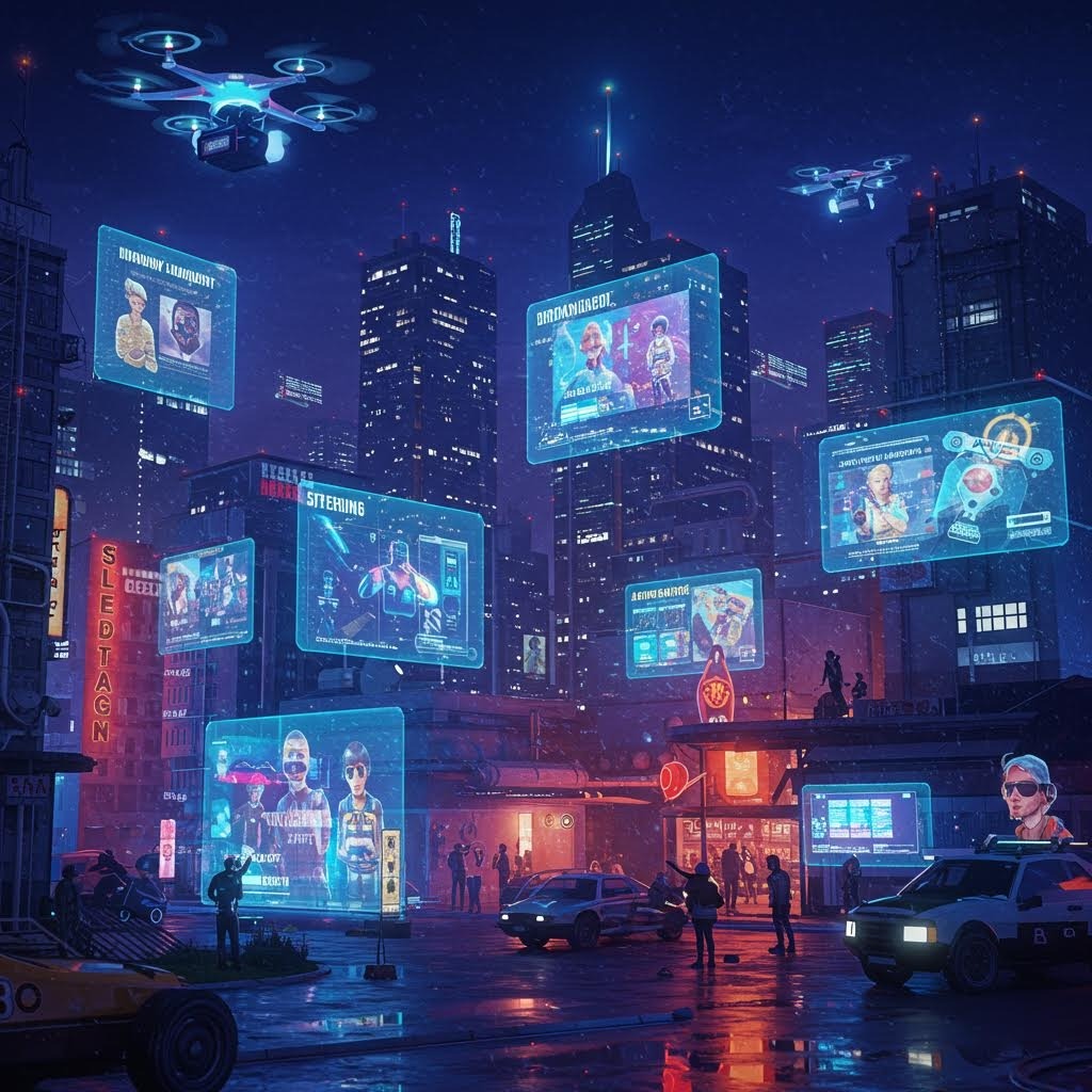 루믹스 사이버펑크 미래 도시 홀로그램 광고 드론 디지털 거리