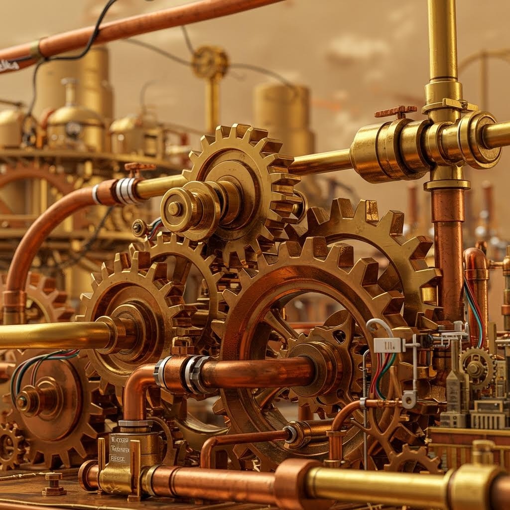 루믹스 산업용 기계 장치 황동 기어 파이프 시스템 클로즈업